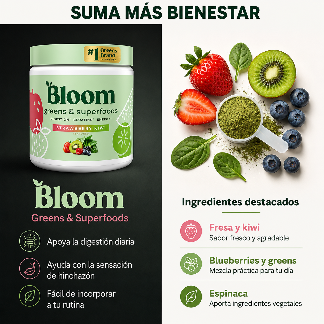 Suplemento de nutricion #1 en USA: Elaborado con 38 frutas, vegetales y superalimentos