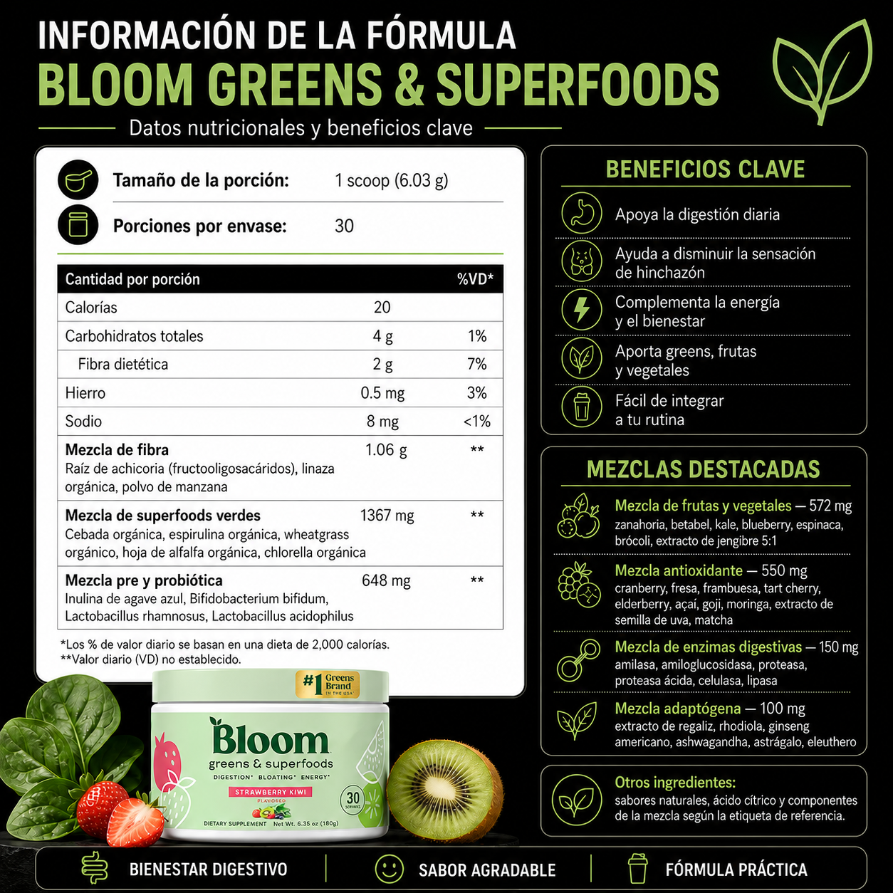 Suplemento de nutricion #1 en USA: Elaborado con 38 frutas, vegetales y superalimentos